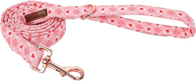Valentine Dog Collar & Leash Set, Sturdy Durable Cotton, Plaid Heart Wedding Pattern for Small to Large Dogs