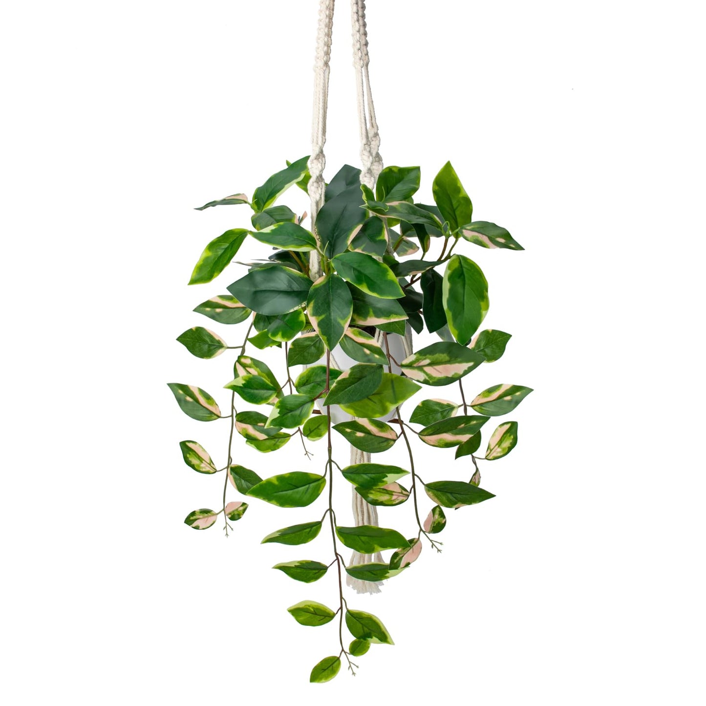 Briful Artificial Hanging Plant Indoor, Macrame Plant Hanger with Fake Pothos Plant in White Pot, Faux Hanging Plant for Home Ceiling Farmhouse Kitchen Decor