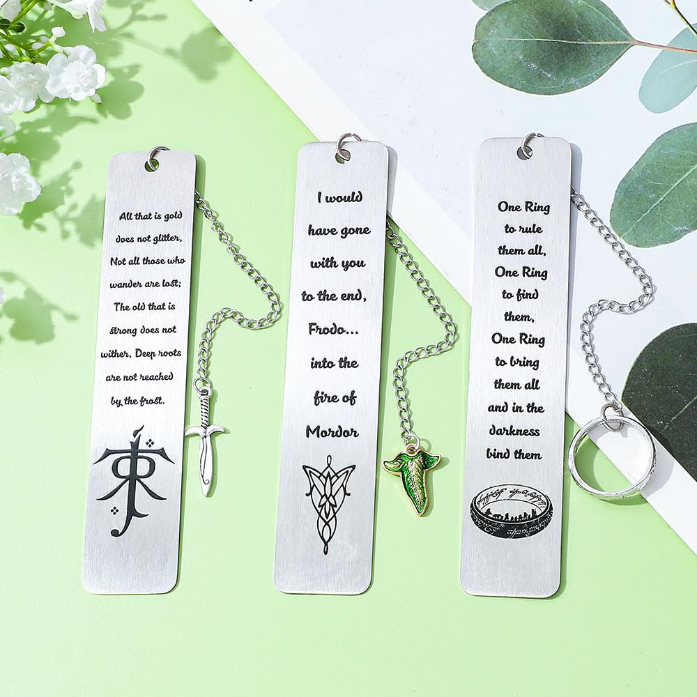 3Pcs Fantasy Bookmark Set - Metal Bookmarks with Elvish Leaf Pendant, Sword Charm & Evenstar Engraving, Epic Quotes Carved Jewelry for Book Lovers, Dark Academia Gifts for Readers (3Pcs-Silver)