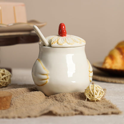 CHOOLD Retro Cartoon Rooster Ceramic Condiment Pot with Lid and Spoon, Salt Bowl Sugar Bowl