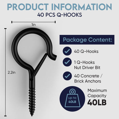 40 Pack Black Q Hooks for Hanging With Install Tool - Ceiling Hooks, Plant Hangers Outdoor, Safety Buckle, Weatherproof Clips, Screw Eye S, Heavy Duty Hooks for Outdoor String Lights Christmas Hanger
