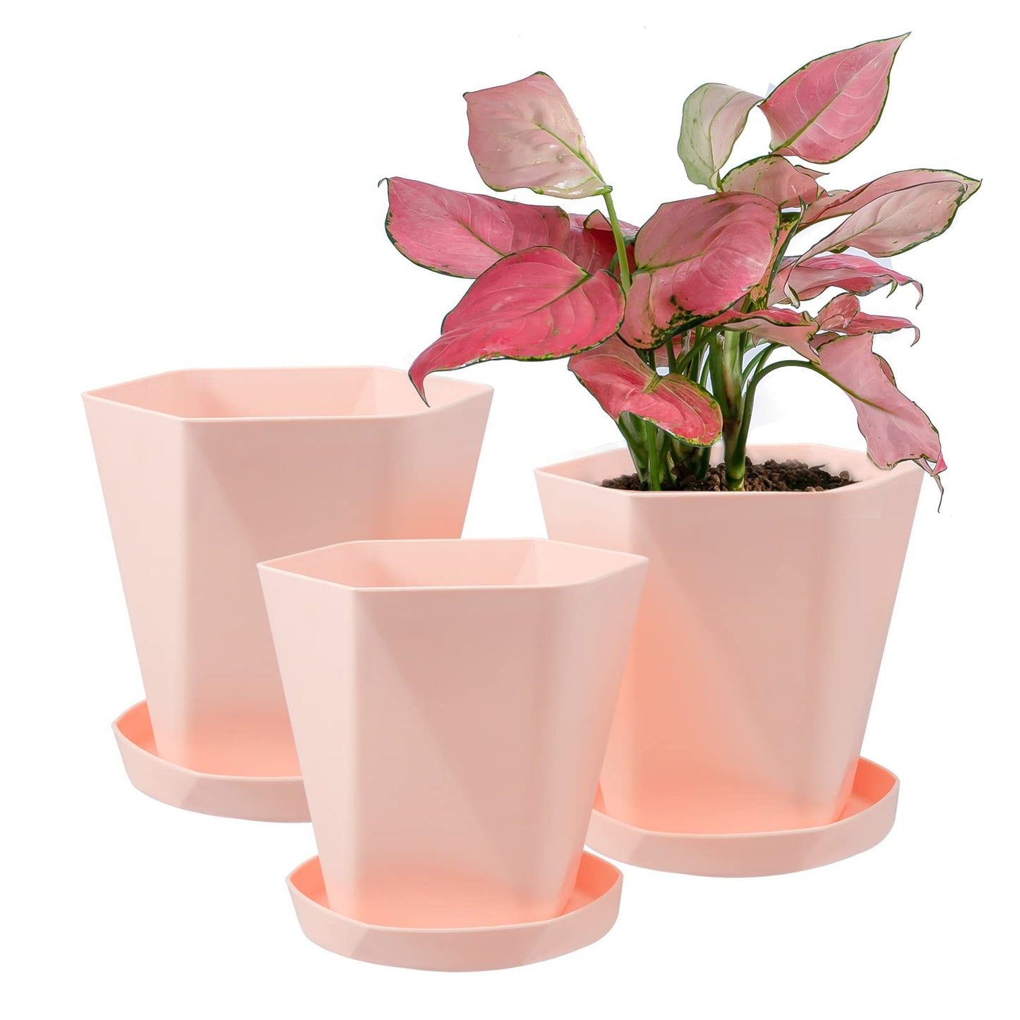 Sun-E Planters for Indoor Plants Flower Pots 7.6/6.5/5.1Inch Set of 3 Plant Pots for Outdoor with Drainage Holes and Saucers Modern Decorative Gift Idea (Sakura Pink)