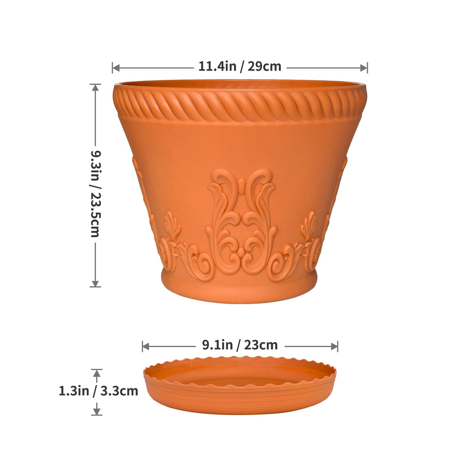 OUMUHE 11.4 Inch Plastic Planters with Drainage and Saucers, Set of 3, Decorative Flower Pots for Indoor Outdoor Use, Available in Terracotta & White (Terracotta)