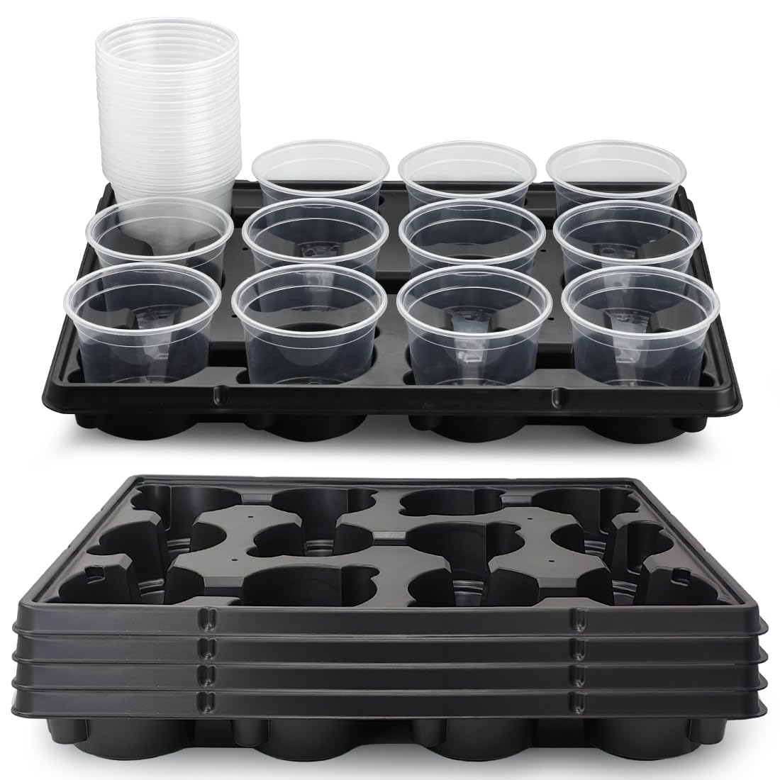 RooTrimmer 12 Cell Nursery Pot Trays 5 Pack with 4 Inch Clear Plant Pots 60 Pack, Thick Sturdy Seeds Starting Germination Shuttle Carrying Trays, Black Small Planter Nursery Propagation 5 Sets
