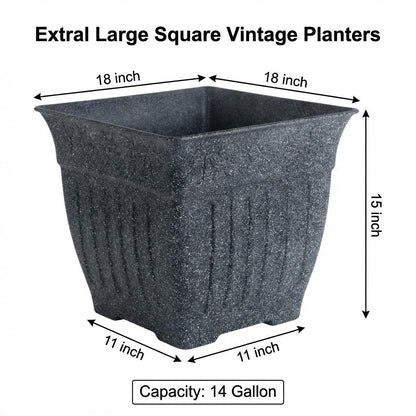 18'' Large Square Planter for Plants - 4 Pack Imitation Cement Plastic Flower Pots with Drainage Holes & 2cm Raised Base, 14 Gal Decorative Stone Like Garden Pot, Retro Plant Container