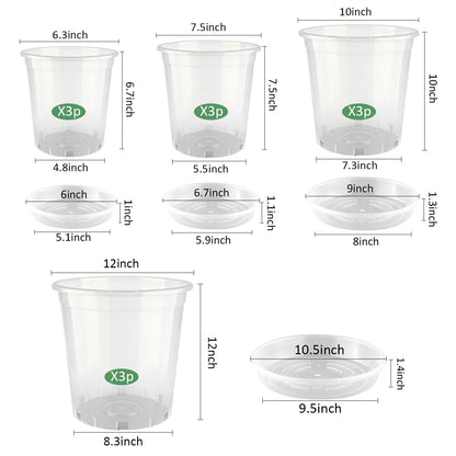 BTPLASTIK 1/2/3/5 Gallon Clear Nursery Pots with Saucers 4 Size Set 12P, Round Plastic Plant Pots with Drainage Holes