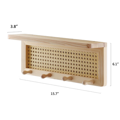 FRIADE PE Rattan Key Holder with 4 Key Hooks ,Wall Mounted Decorative Floating Shelf for Entryway,Nursery,Mudroom, Hallway, Office (Burlywood)