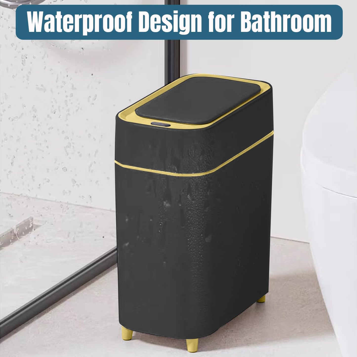 LALASTAR 2-Pack Bathroom Trash Can with Lid, Slim Motion Sensor Trash Can, Small Automatic Garbage Can Touchless, Waterproof Trash Bin for Bedroom, Office, Living Room, 2.3 Gal, Black with Gold Trim