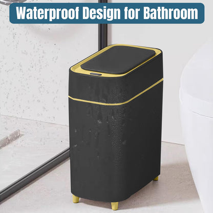 LALASTAR 2-Pack Bathroom Trash Can with Lid, Slim Motion Sensor Trash Can, Small Automatic Garbage Can Touchless, Waterproof Trash Bin for Bedroom, Office, Living Room, 2.3 Gal, Black with Gold Trim