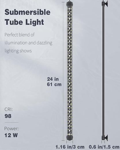 Pawfly 12W Aquarium LED Light 24 Inch 24/7 Fish Tank Light with Full Spectrum White Blue Red Green Lights Multi-Colored LEDs with D/N Mode Single Color Effects Timer and Adjustable Brightness