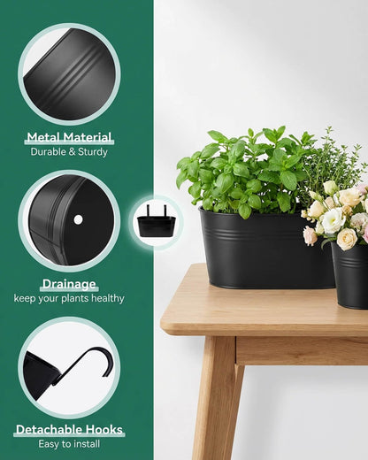 vensovo 6 Pcs Metal Railing Planters Set, 10.8" Oval & 5" Round Hanging Flower Pots with Detachable Hooks, Black Fence Planter Baskets for Outdoor Plants, Herbs & Succulents, Garden Decor