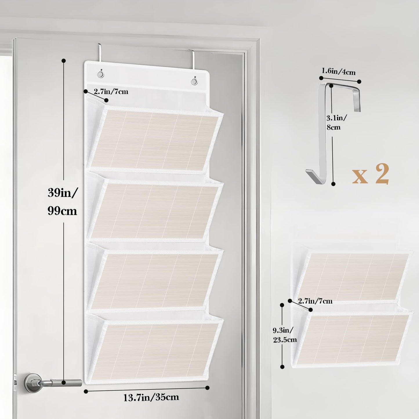 homyfort hanging wall file organizer, Over the door file folder organizer with 4 Large Bamboo Pockets, Suitable for Home, Office, Back to School Supplies Storage and Organization (White)