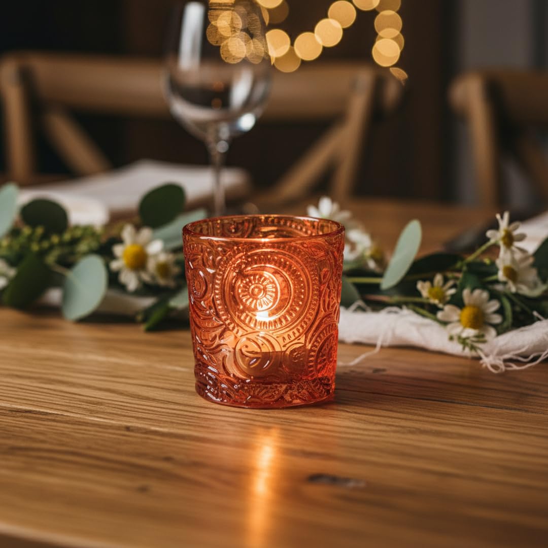 12 Pack Patented Sun Moon Star Embossed Glass Tea Light Candle Holders - Unique Votive Candle Holders for Wedding, Party, and Table Centerpieces (Pumpkin Spice)