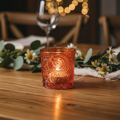 12 Pack Patented Sun Moon Star Embossed Glass Tea Light Candle Holders - Unique Votive Candle Holders for Wedding, Party, and Table Centerpieces (Pumpkin Spice)