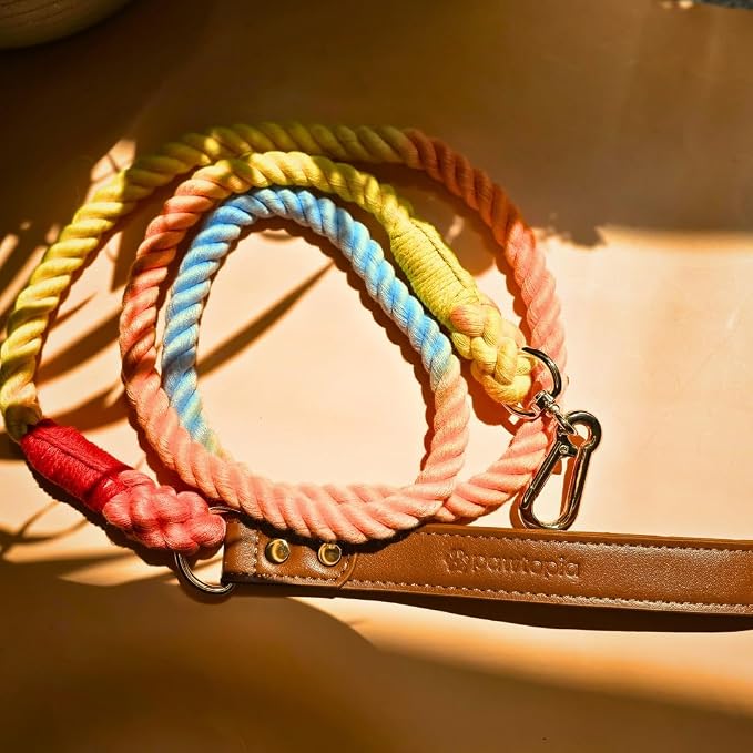 Pawtopia 5FT Dog Leash, Cotton Braided Rope with Vegan Leather Handle (Brown) with One Complimentary Roll of Dog Poop Bags (15 Bags), Durable Clasp (Vivid Rainbow), Give Back