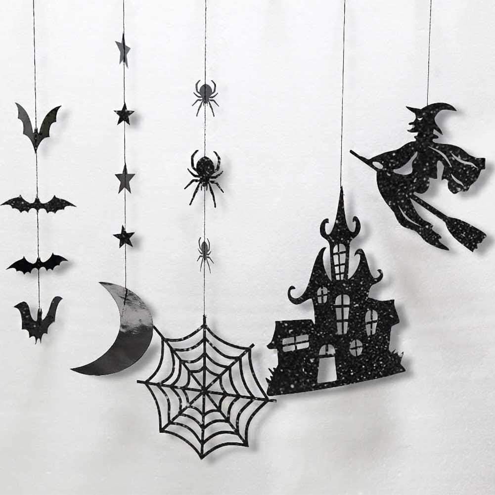 Cheerland Clearance Witch Decorations Gothic Hanging Banner Indoor Garland Glitter Black Decor Moon Star Glitter Garland Decoration Haunted House Witchcraft Decor Birthday Halloween Party Supplies