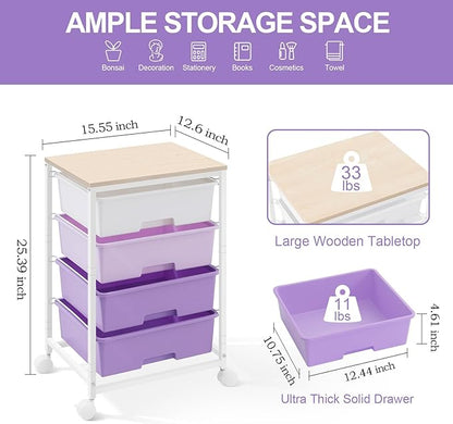 Utility Cart with 4 Drawers,Rolling Storage Cart with Drawers,Storage Rolling Drawer Cart with Wooden Tabletop for Bedroom,Kid's Room,Dorm,Classroom,Office, Purple