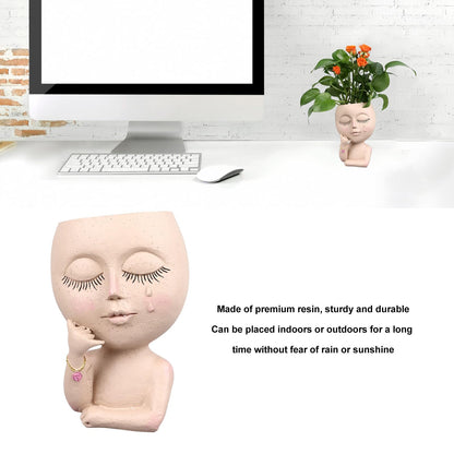 HaloVerde Artistic Face Flower Pot with Drainage System for Indoor and Cacti, a 16cm Resin Head Planter Pot Allowing for DIY Customization for Home Decor