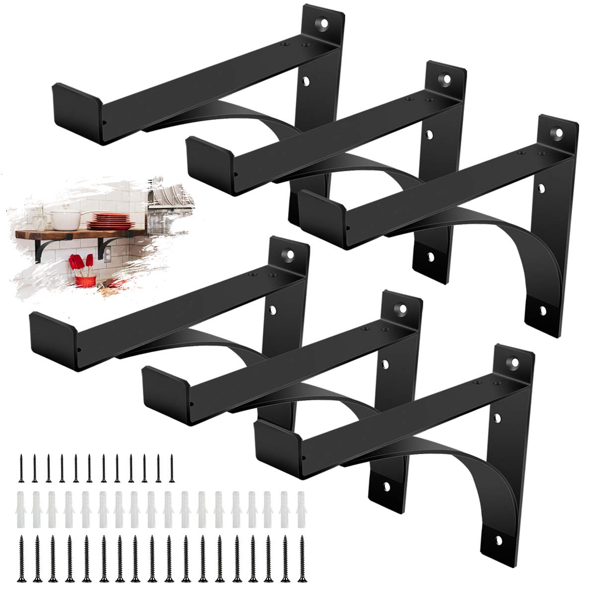 Heavy Duty Shelf Brackets, 8 Inch 6-Pack Exquisite Shelf Brackets, Strong Support Mental L Brackets Heavy Duty Floating Shelf Brackets, Black