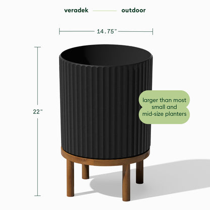 Veradek Demi Series Round Planter w/Stand for Porch/Patio | Durable Plastic-Stone Composite & Wooden Stand | Modern Décor for Tall Plants, Flowers
