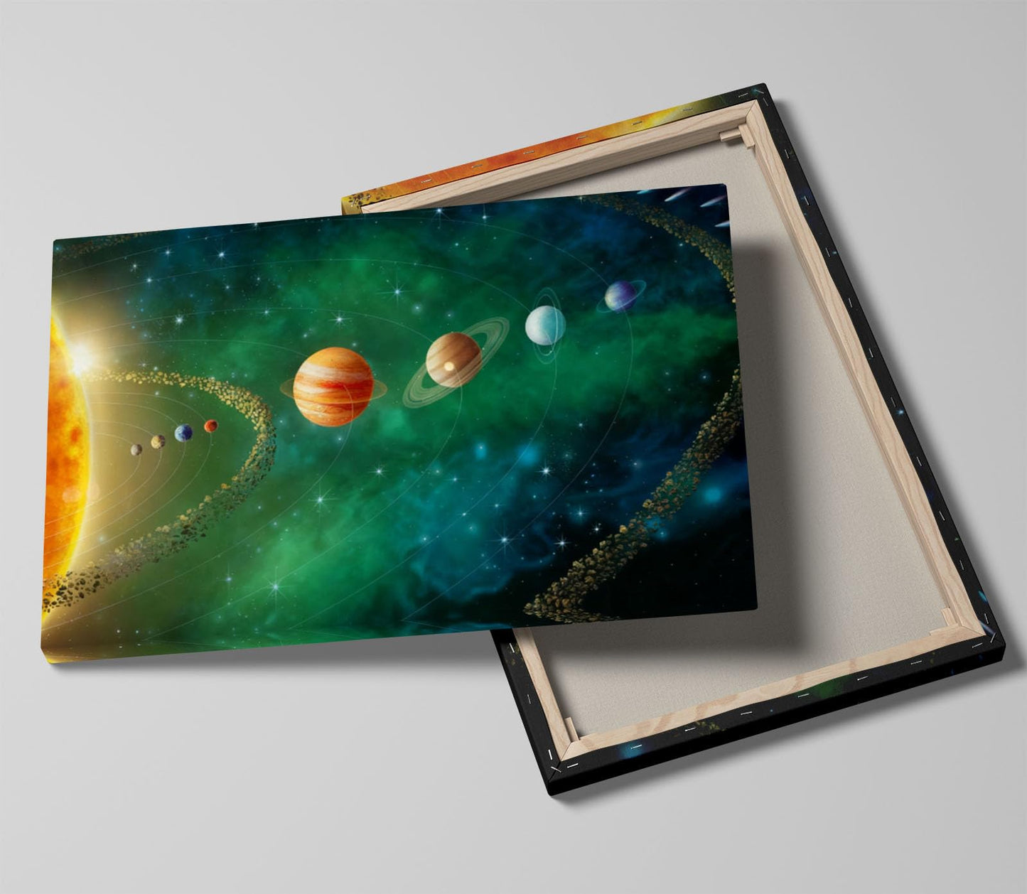 16x24 inches Framed Solar System Space Canvas Wall Art Green Galaxy Planets Astronomical Decor Kids Bedroom Cosmic Wall Pictures Teen Boy Room Universe Poster Child Office Study Room Prints