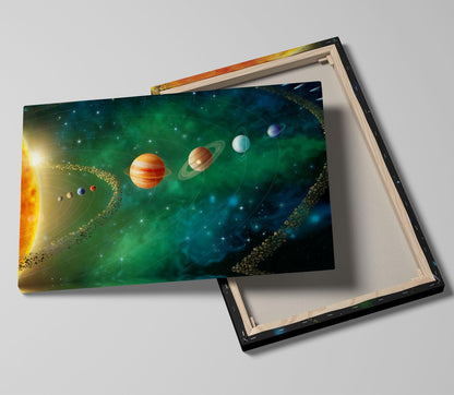12x16 Framed Solar System Space Canvas Wall Art Green Galaxy Planets Astronomical Decor Kids Bedroom Cosmic Wall Pictures Teen Boy Room Universe Galaxy Poster Child Office Study Room Art Prints