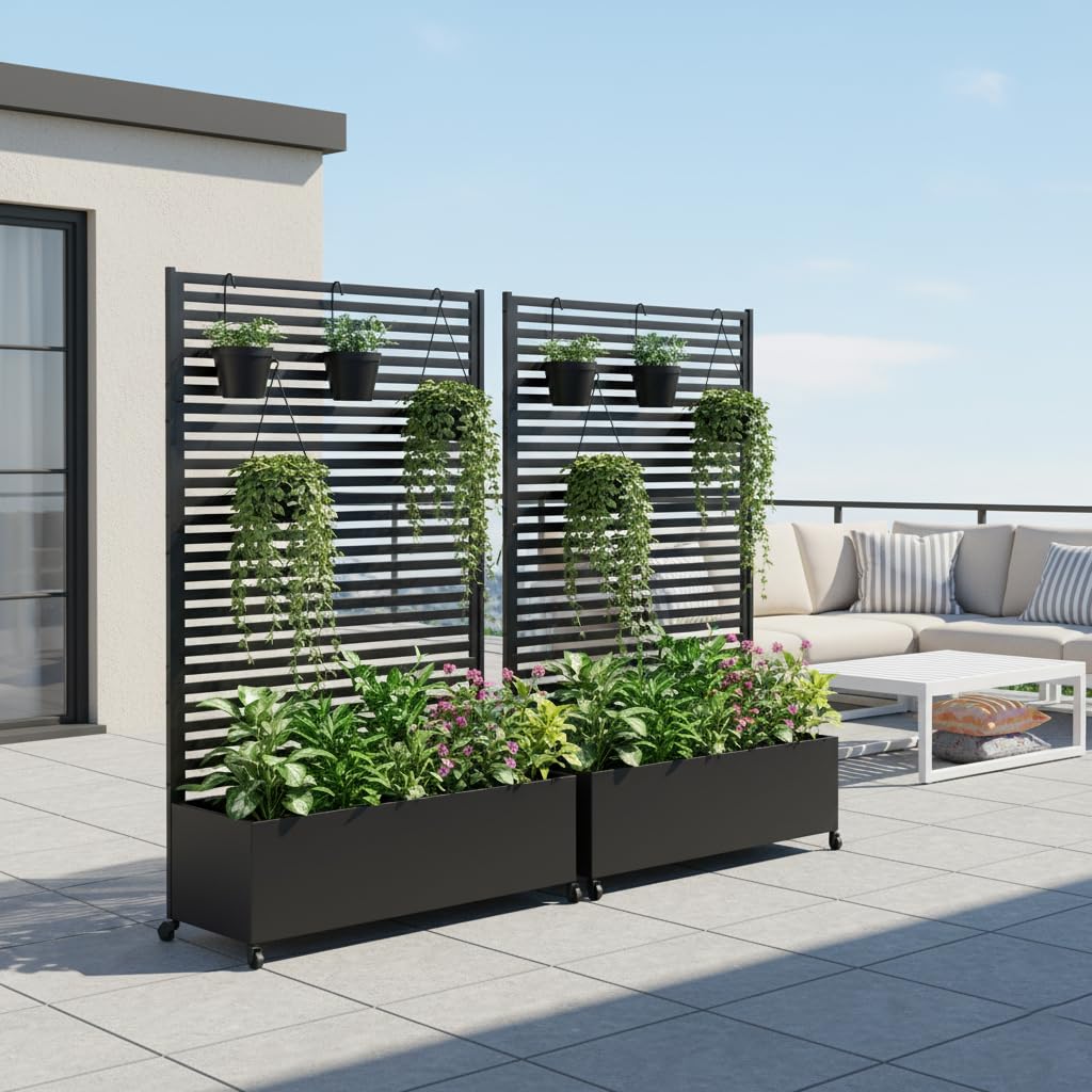 Sunnibety Metal Planter Box with Trellis Privacy Screen, Raised Garden Bed with Trellis & Wheels, Privacy Planters for Patio, Planter Box with Drainage Holes for Climbing Plants, 73"x 47"x 16", Black