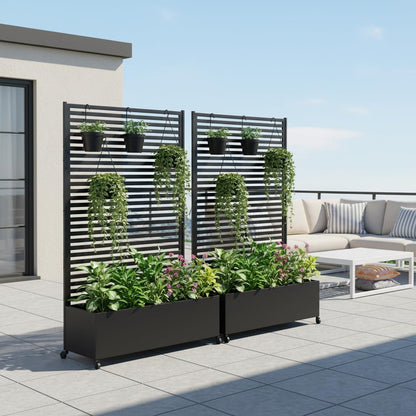 Sunnibety Metal Planter Box with Trellis Privacy Screen, Raised Garden Bed with Trellis & Wheels, Privacy Planters for Patio, Planter Box with Drainage Holes for Climbing Plants, 73"x 47"x 16", Black