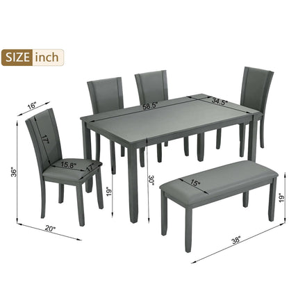 Trygoal Dining Table Set for 6, Farmhouse 6 Piece Dining Room Table Set with Rectangular Table, 4 Upholstered Backrest Chairs and Bench, Counter Height Kitchen Sets with Warm Woodgrain Finish, Gray