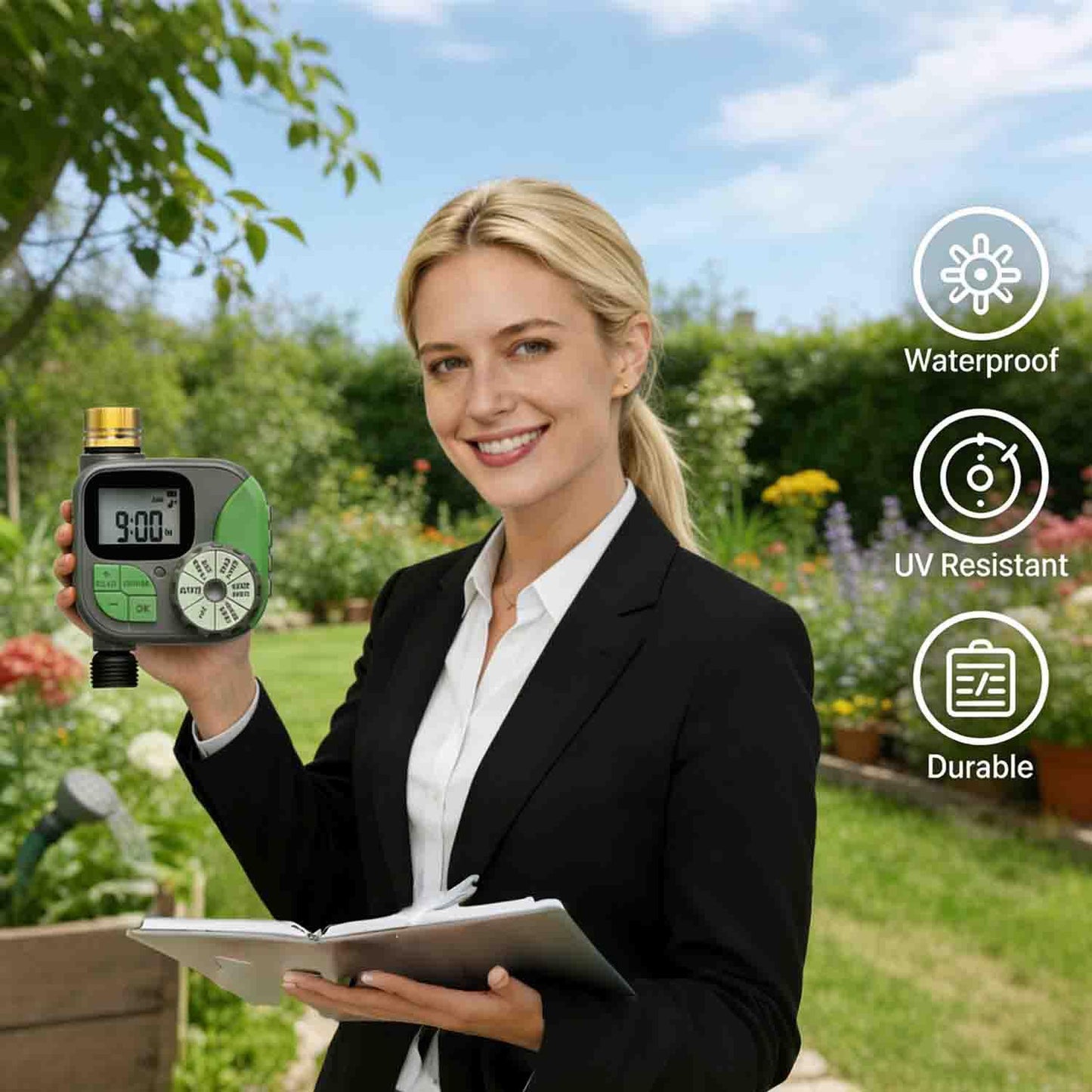Drip Irrigation System for Garden with Water Timer Plug-in Quick Connection Drip Irrigation Kit 5/16“ID and 1/4 Inch Pipe Auto Watering System for Garden Spray, for Greenhouse, Lawn, Potted Plants
