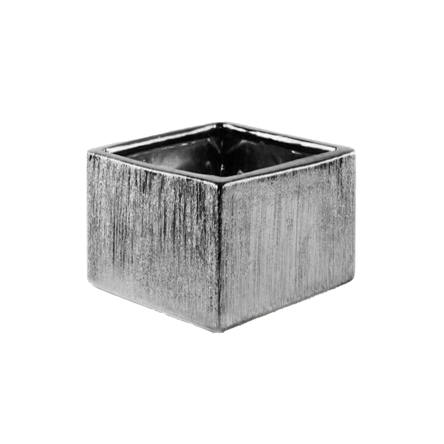 WGVI Silver Scratched Square Ceramic Vase, Width 6", Height 4", Elegant Morden Short Square Pan Floral Planter Terrarium Pot Container Tabletop for Event Accent Home Decor 1 Piece