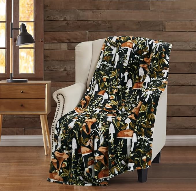 Serafina Home Mushroom Fleece Throw Blanket: Floral Forest Black Brown Beige and White, 50" x 70"