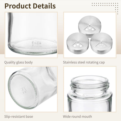 12 Pcs Glass Seasoning Shakers Set, 120 ml / 4 fl oz Spice Shakers with Stainless Steel Lid, Rotating Top Seasoning Containers for Kitchen, Controllable Salt Dispensing Bottle