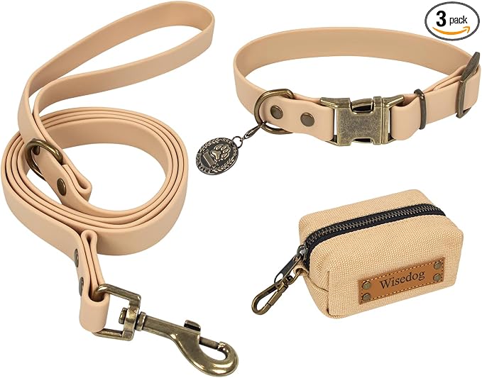 Wisedog Waterproof Dog Collar and Leash Set, L, Sand Color | Adjustable Puppy Collar, Cute Tag, 5FT Leash, Includes Poop Bag, For Small Medium Large Dogs