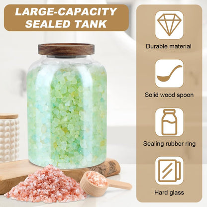 Meluvora Bath Salts Glass Jar, Bath Salt Container with Wooden Lid and Scoop, Glass Food Storage Jars for Home Decor,Tea,Spice,Cereal, Egg,Flour,Coffee(73 oz,Clear)