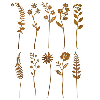 YLDLANXI 10 Pcs Rusty Metal Flower Garden Stakes,Rustic Metal Fern Leaf Plants,Iron Art Plant Shaped Decoration for Outdoor Lawn Walkway Patio