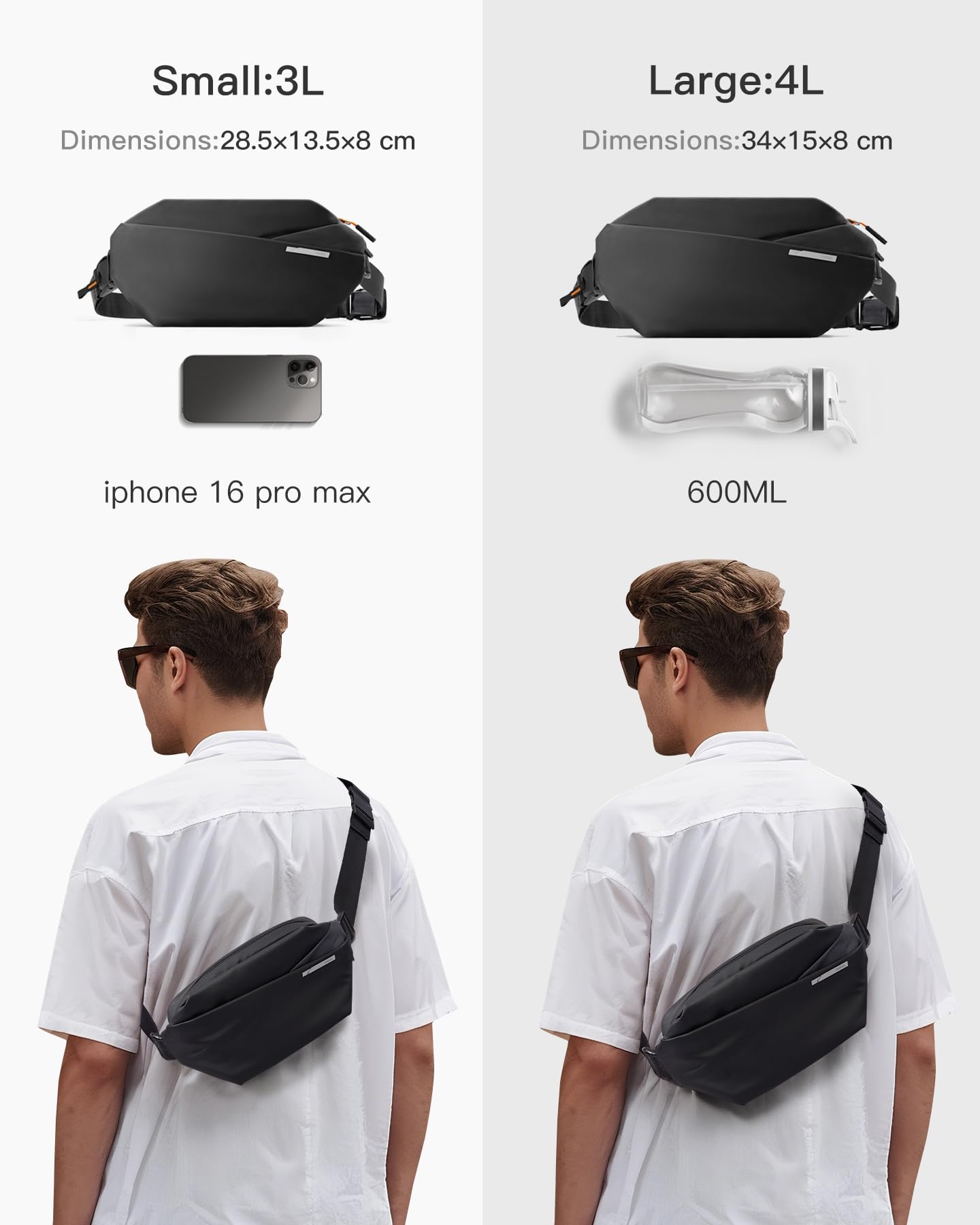 Inateck Sling Bag X, Multi-pocket Crossbody Shoulder Chest Bag with Adjustable Shoulder Strap, Water-resistant Waist Fanny Pack for Men, Women, Travel, Daily Use, Cycling, Hiking, Black, Large