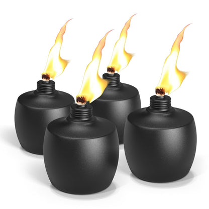 MQKIWAO 4-Pack Citronella Tabletop Torches, 21 oz Metal Oil Burner Candles for Outdoor Use, Black, Model ZMYG-4P