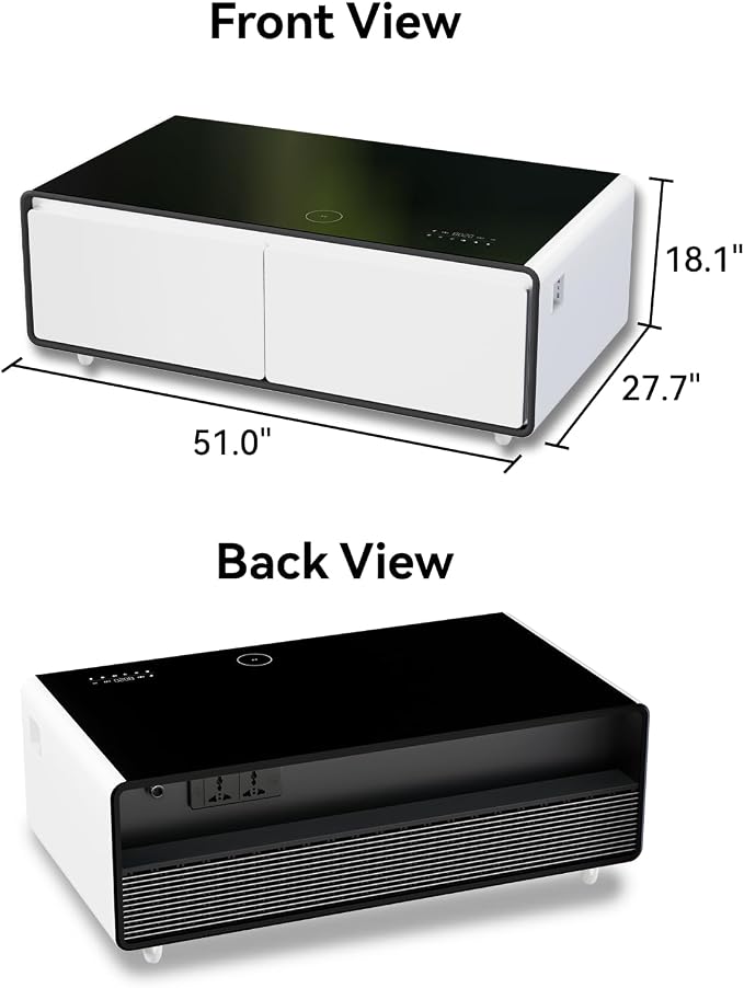 LIVTAB Smart Coffee Table, 27.8" D x 51" W x 18.1" H, Living Room Table with Built in Fridge and Speakers, Smart Table with 15W Wireless Charging, USB Chargers and 110V Outlets (White)