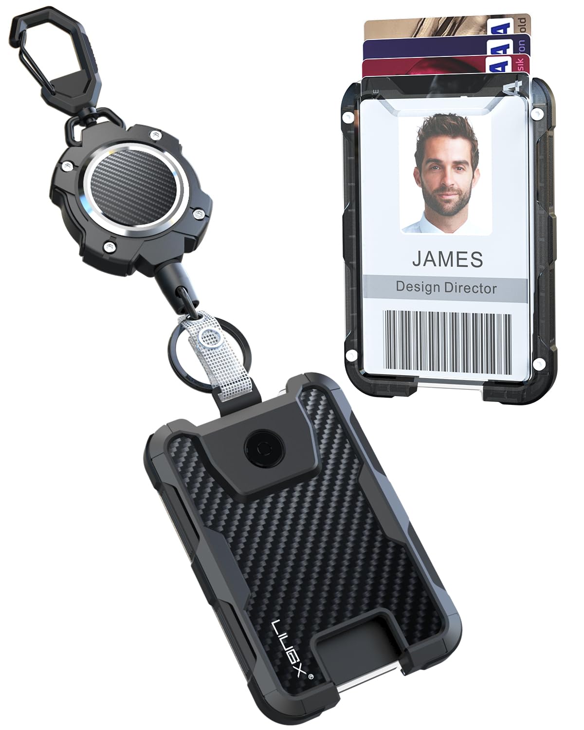 LIUGX Retractable Badge Holders,Carbon Fiber Badge Holder,Heavy Duty Carabiner Keychain, Durable ID Card Holder (Holds 6 Cards), with 31.5” Badge Reel Key Chain, 10,000+ Rebound,Silver-Black