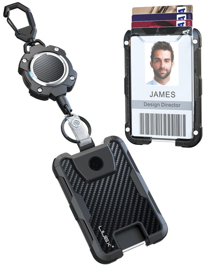 LIUGX Retractable Badge Holders,Carbon Fiber Badge Holder,Heavy Duty Carabiner Keychain, Durable ID Card Holder (Holds 6 Cards), with 31.5” Badge Reel Key Chain, 10,000+ Rebound,Silver-Black