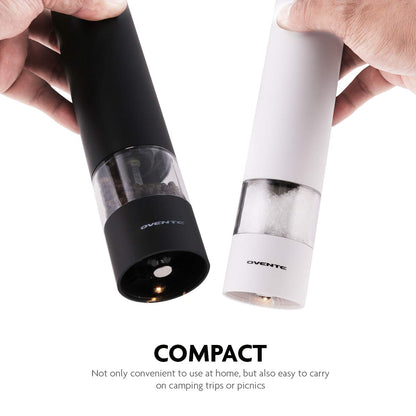 OVENTE Set of 2 Electric Salt & Pepper Mill Grinder, Battery Powered Stainless Steel Blades Automatic One Handed Operation with light and Adjustable Coarseness, Black and White SPD102BW