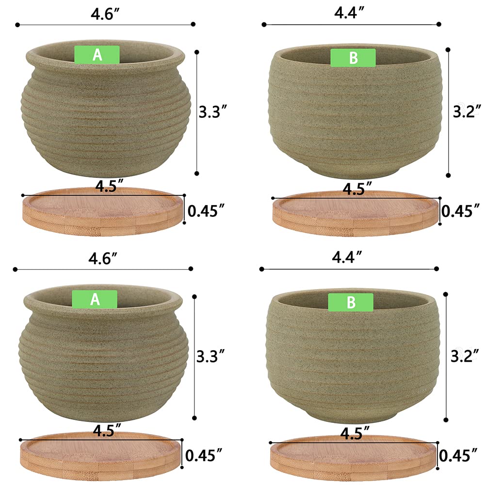 MUZHI Rustic Small Plant Bonsai Pot with Bamboo Tray Set of 4, Unglazed Ceramic Cactus Planter Pot Indoor with Drainage Hole 4Inch 5Inch
