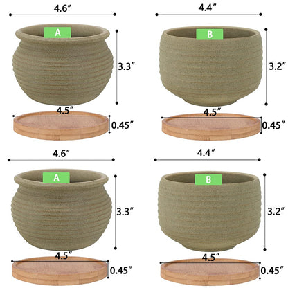 MUZHI Rustic Small Plant Bonsai Pot with Bamboo Tray Set of 4, Unglazed Ceramic Cactus Planter Pot Indoor with Drainage Hole 4Inch 5Inch