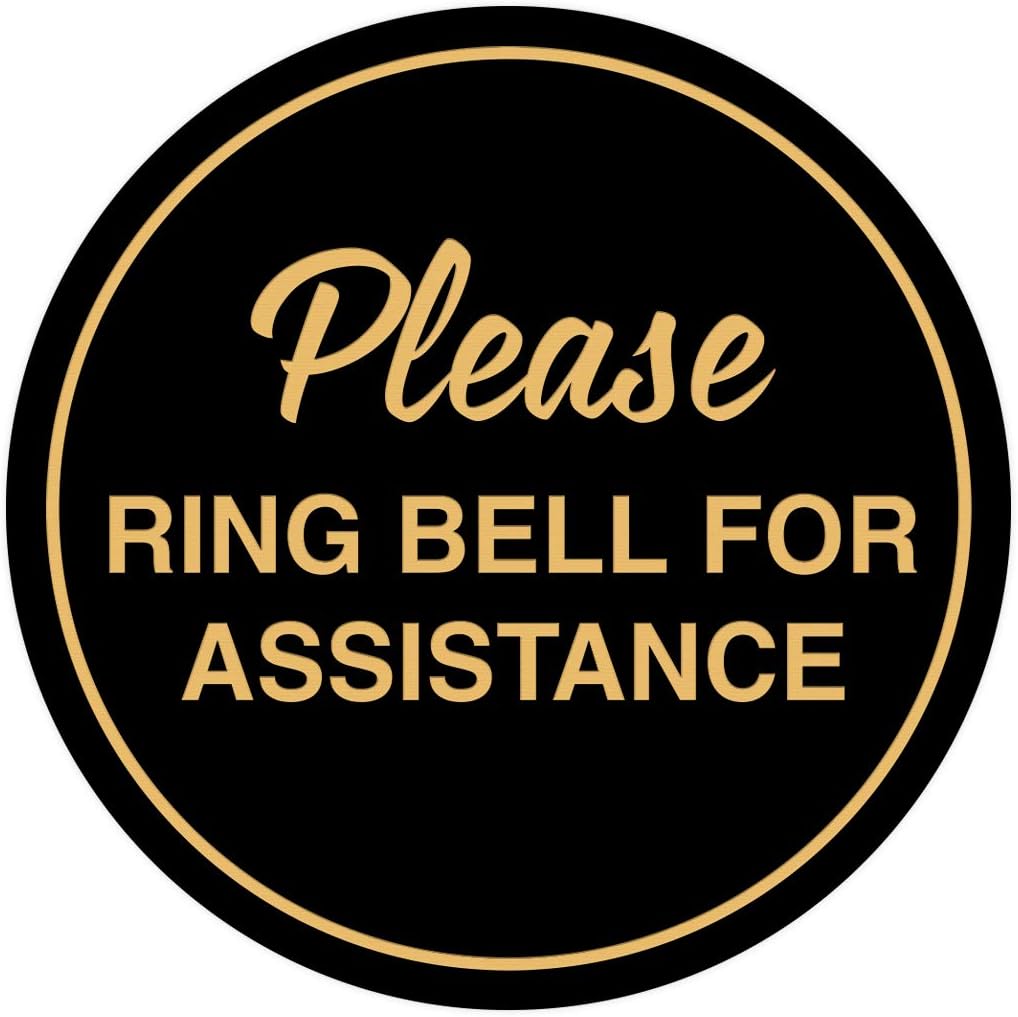 Signs ByLITA Circle Please Ring Bell For Assistance Wall or Door Sign | Easy Installation | Front Desk Reception Sign (Black Gold) - X-large (10 Pack)