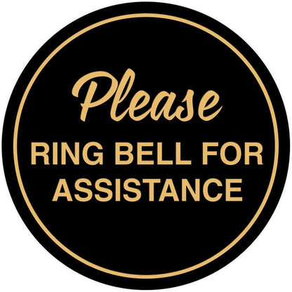 Signs ByLITA Circle Please Ring Bell For Assistance Wall or Door Sign | Easy Installation | Front Desk Reception Sign (Black/Gold) - Small (10 Pack)