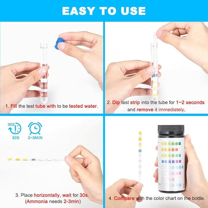 DaToo 8 in 1 Aquarium Test Kit Fish Tank Test Strips Accurate Water Quality Testing Strips for Ammonia PH Total Alkalinity Carbonate Hardness Free Chlorine Nitrate Nitrite Temperature (150 Strips)