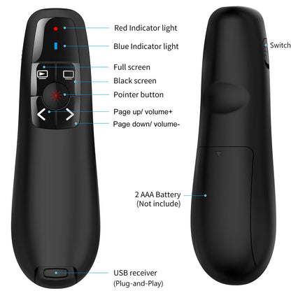 Wireless Presentation Clicker for Google Slides: 100ft Range | Ultra-Bright 656ft Red Pointer | Battery Powered - Plug & Play USB Presenter Remote with Volume & Black Screen for Mac Win PPT Keynote