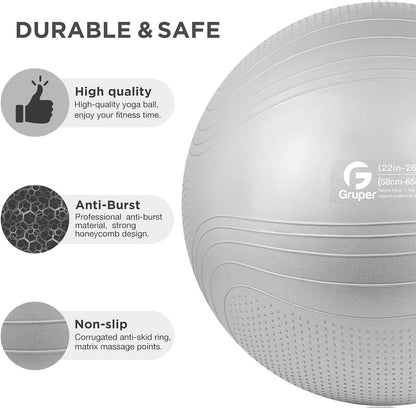 Gruper Yoga Ball, Multiple Sizes Non Slip Exercise Ball for Workout, Birthing, Balance, Stability, Pregnancy, 2200LB Capacity, Anti Burst Chair for Home and Office, Includes Quick Pump & Fitness Guide