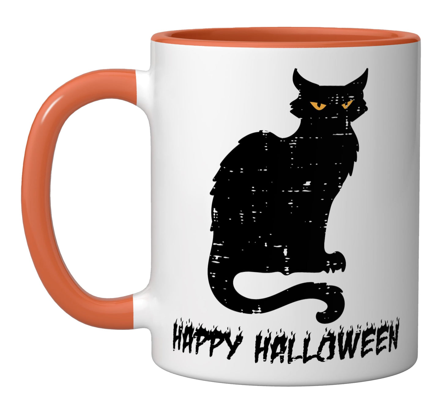 Happy Halloween Black Cat Costume Women Girls Kids Teen Men Ceramic Mug, Orange/White